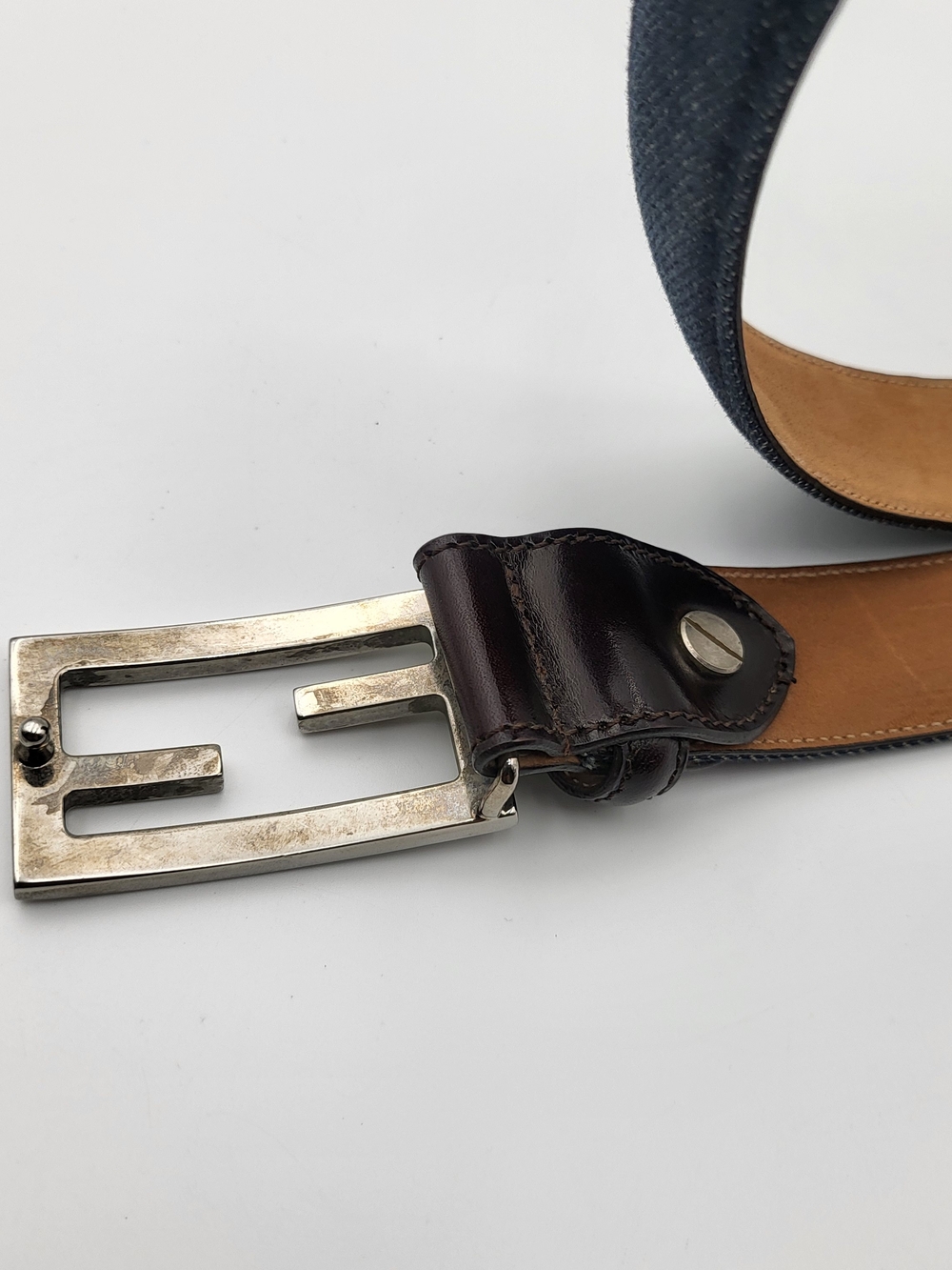 Fendi Dark Denim and Brown Leather Belt with Silver Buckle..Authentic - Picture 6 of 7
